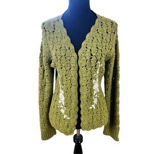 Classic Alpaca crochet green floral embroidery baby alpaca silk open cardigan S